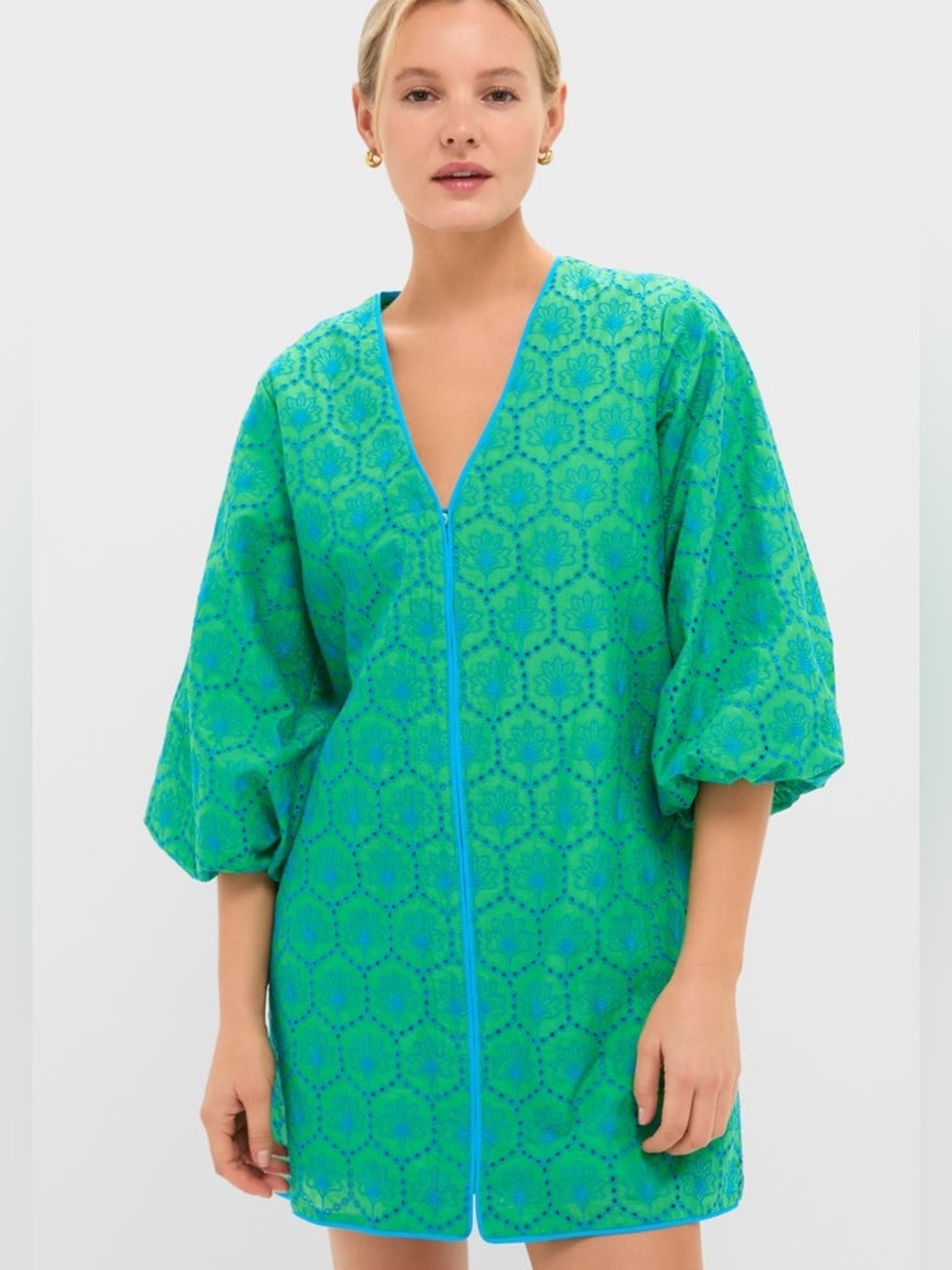 HYACINTH HOUSE Mini Arem Eyelet Caftan Seafoam Palm NEW
